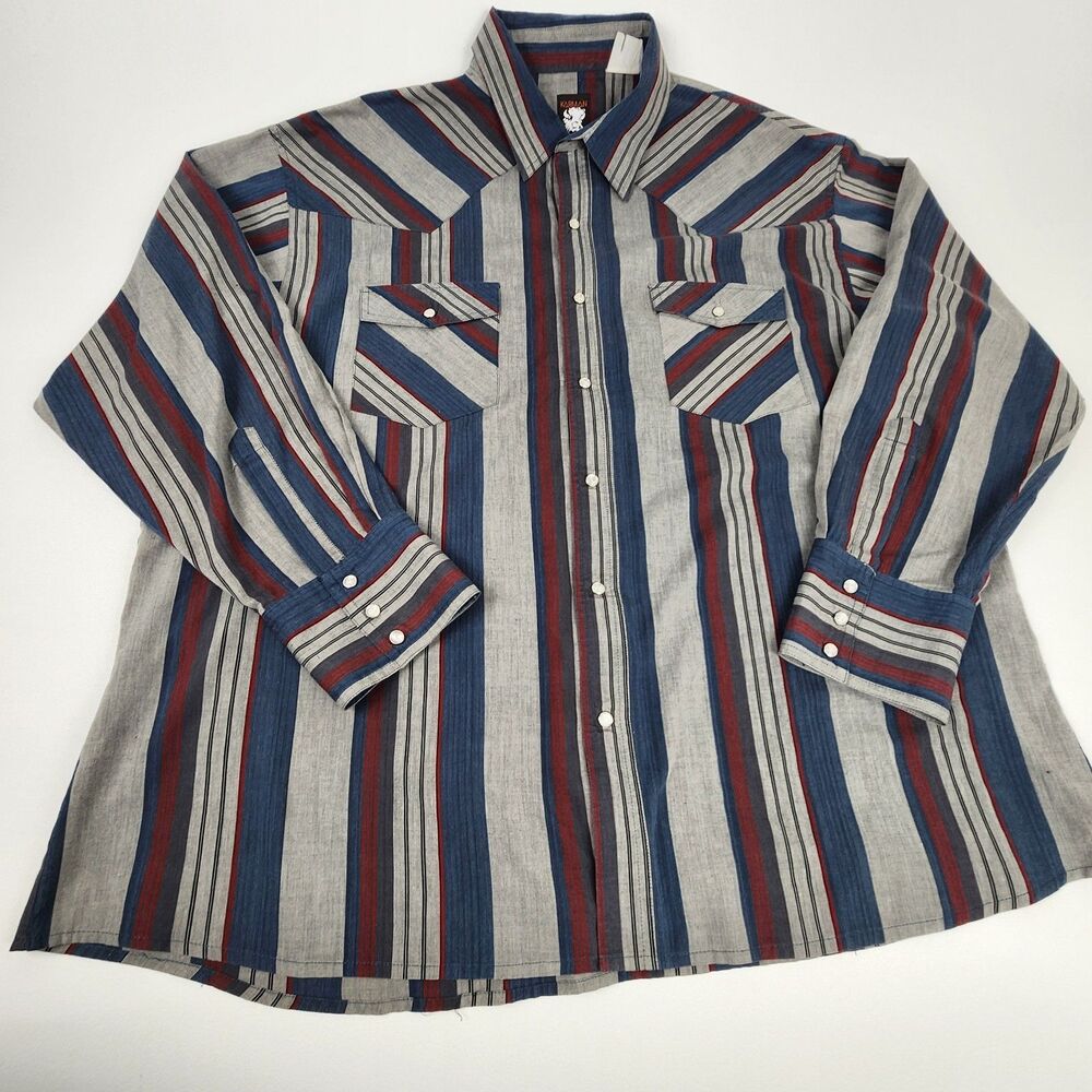 Karman Western Shirt Mens 3XL Blue Red Striped Pearl Snap Long Sleeve